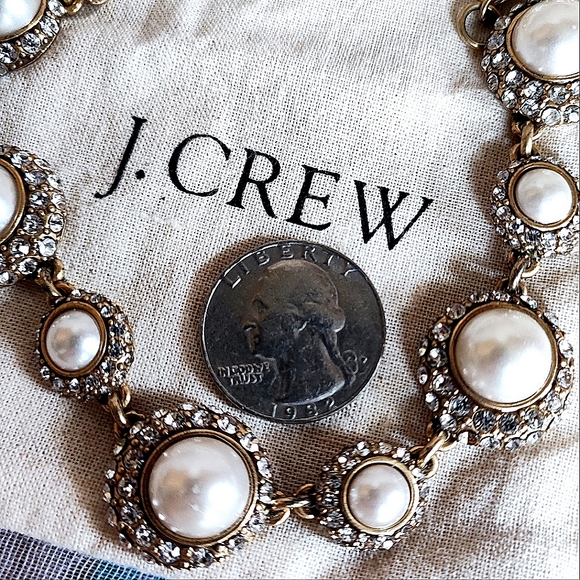 J. Crew Signed Oxidized Brass Faux Pearl Rhinestone Lifesaver Clasp Necklace EUC - Picture 8 of 10